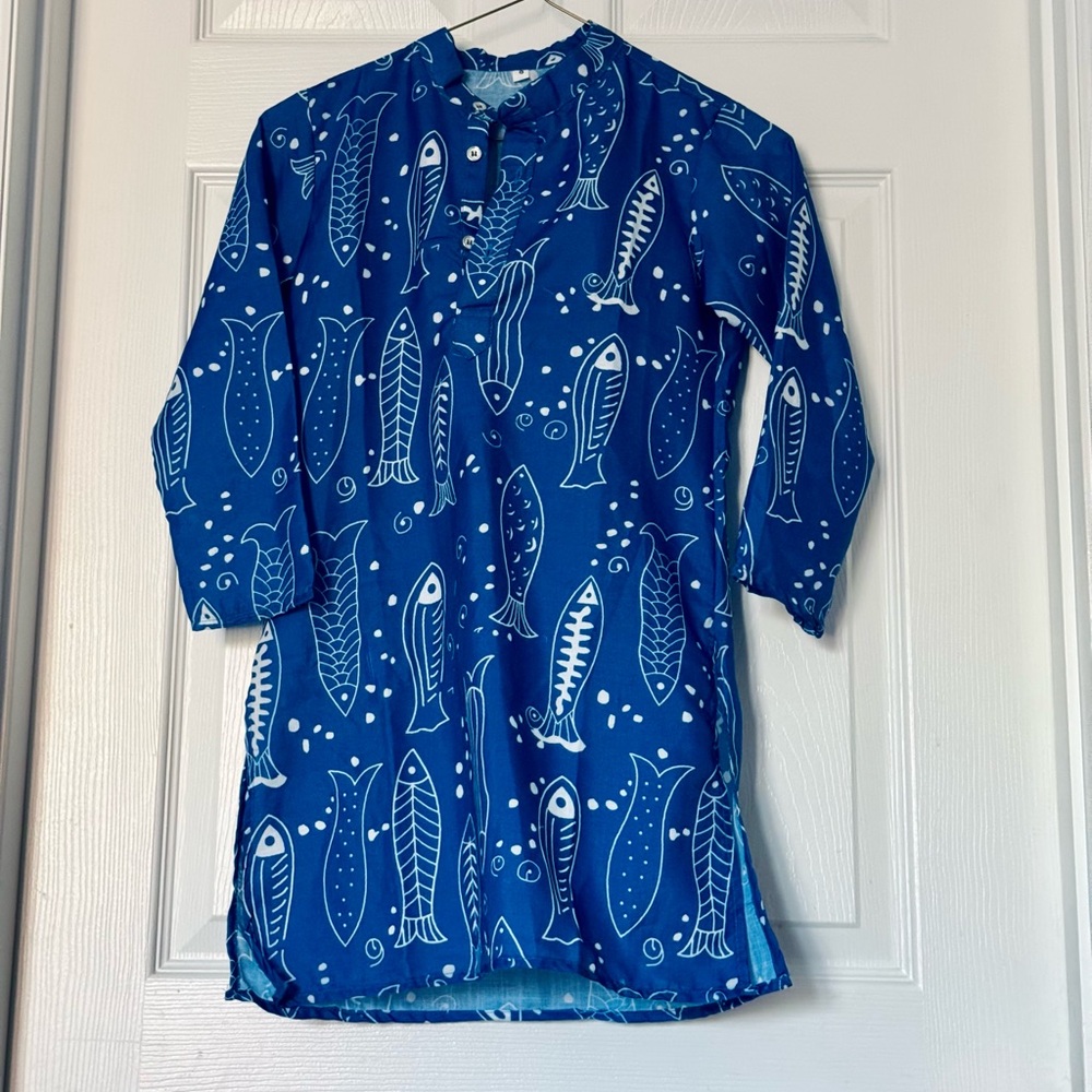 Blue Fish Print Kids Kurta